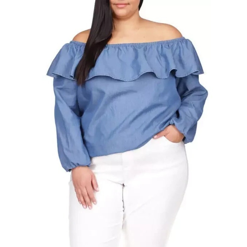MICHAEL Michael Kors Off The Shoulder Blue Chambray Ruffle Top Plus Size 2X - Picture 12 of 12